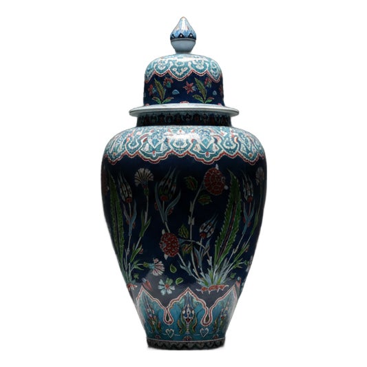 Handmade Ceramic Grand Shah Vase with Lid (60cm) Dark Blue Saz Leaf and Carnation For Sale