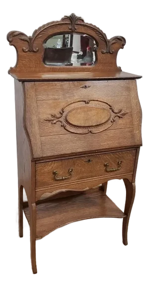Antique Slant Front Drop Leaf Secretary Desk Quartersawn Oak With Mirror