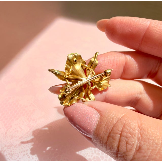 Late 19th Century Victorian 14k Iridescent Enamel Orchid Brooch For Sale - Image 9 of 10