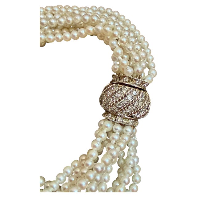 3.1mm Akoya Japanies Pearl Multi Strand Bracelet, 14kwg Diamond Clasp, 8 Inch For Sale In New York - Image 6 of 8