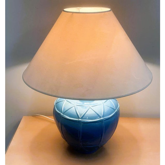 French Ceramic Lamp with Blue Glazed Base from Louis Drimmer, France, 1980s For Sale - Image 6 of 10