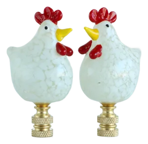 Glass Chicken Lamp Finials on Brass Hardware - A Pair