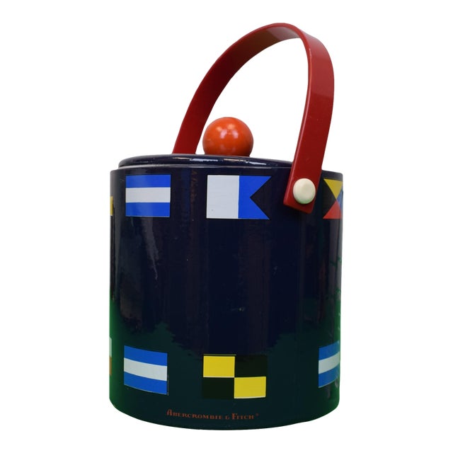 1980s Abercrombie & Fitch Nautical Signal Flags Navy Ice Bucket W/ Red Knob Lid & Handle W/ Tongs For Sale