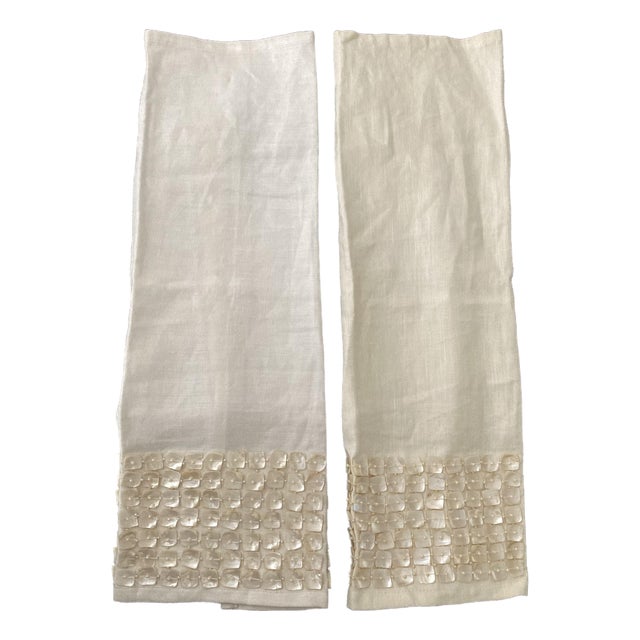 Mother of Pearl Embellished Linen Contemporary Guest Towels (Set of 2) For Sale