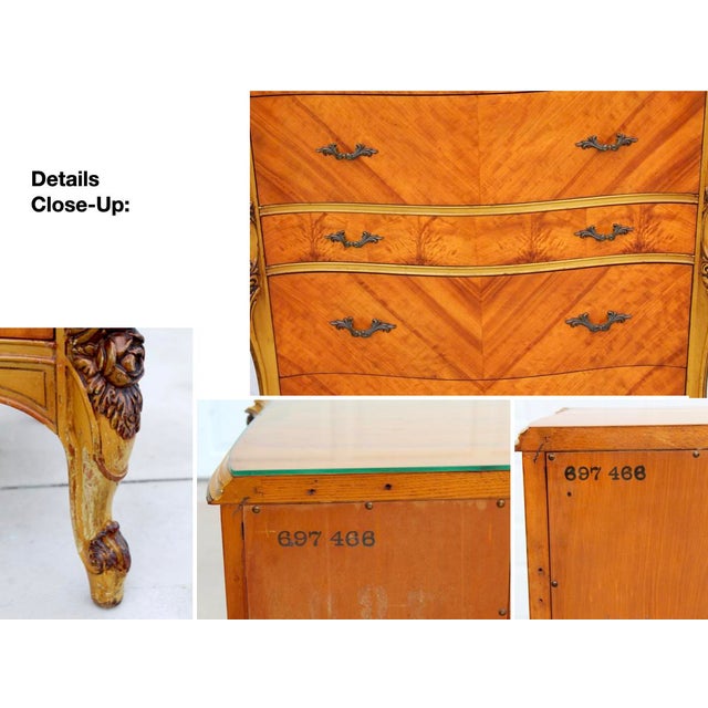 Magnificent Vintage French Provincial Louis XV Rococo Satinwood & Burl Wood Vanity and Tall Boy Chest Set For Sale - Image 16 of 18
