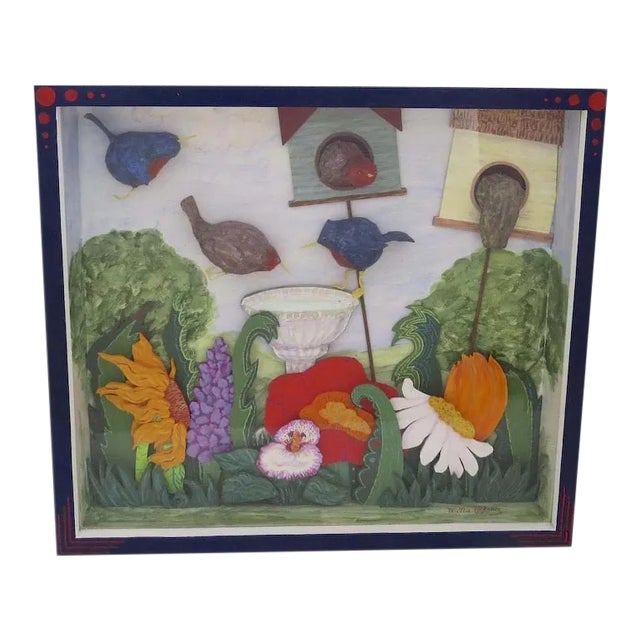 Late 20th Century Multi Media Shadow Box 3 Dimensional Birds Birdhouse Birdbath Garden by Millie Roberg For Sale