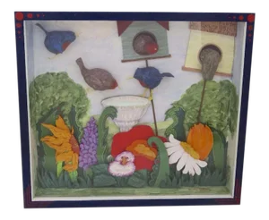 Late 20th Century Multi Media Shadow Box 3 Dimensional Birds Birdhouse Birdbath Garden by Millie Roberg
