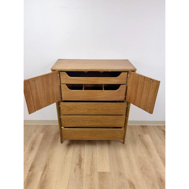 Mid Century Tallboy Dresser MCM Five Drawer Brass Accent Warm Gray Tone Wood For Sale - Image 11 of 14