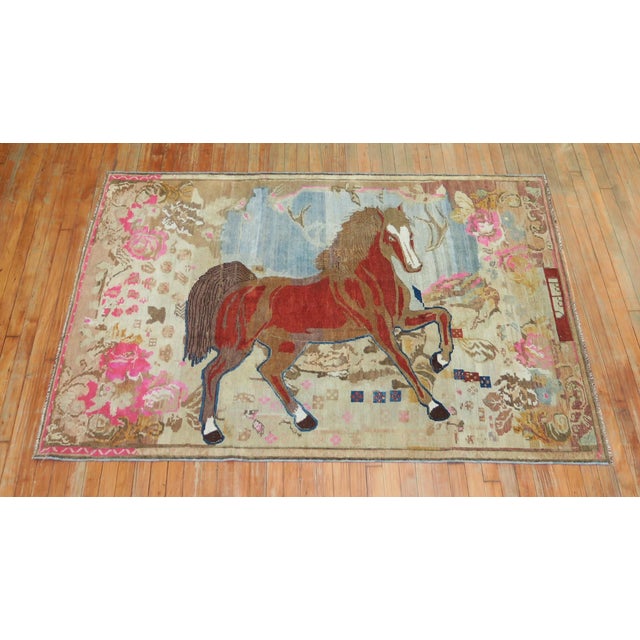 Antique Brown Horse 20th Century Pictorial Wool Decorative Rug For Sale - Image 14 of 18