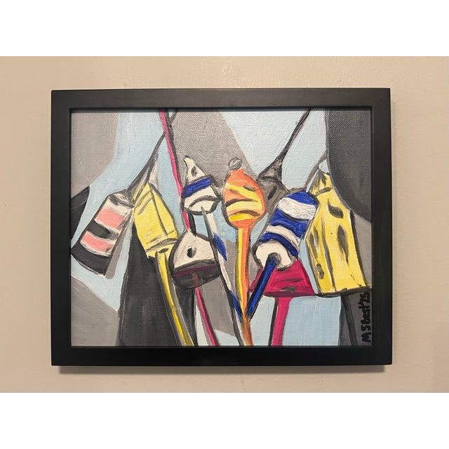 Melinda S Best, 2025, “Maine Lobster Buoys,” Modern Abstract Nautical Acrylic Painting on Canvas Panel, Signed & Dated On...