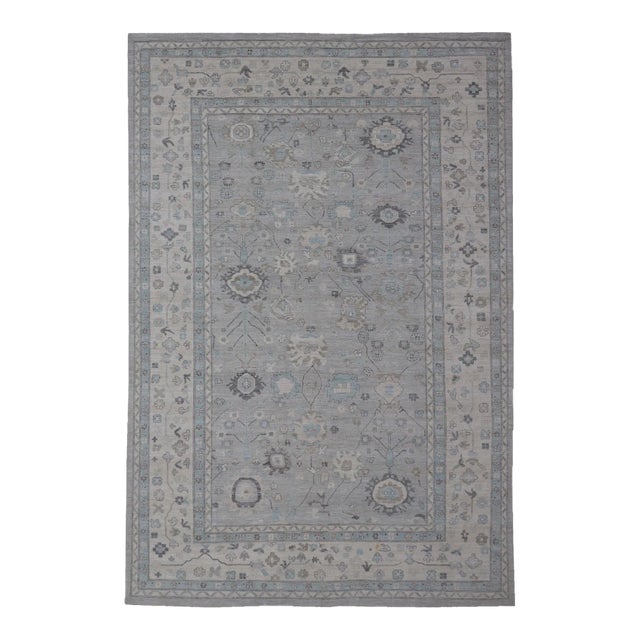 Large Modern Oushak Design in Light Blue, Grey, With Light Cream Background 13'4 X 19'3 For Sale