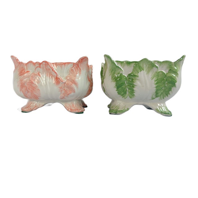 Italian Vintage Mottahedeh Majolica Cabbage Leaf Planters - A Pair For Sale - Image 3 of 8