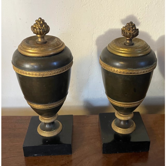 Bronze Antique Early 19th Century French Empire Directoire Gilt & Patinated Bronze Urn Form Cassoulettes on Marble Bases Circa 1810 - a Pair For Sale - Image 8 of 12