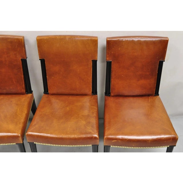 Wood Late 20th Century French Art Deco Style Brown Leather Ebonized Frame Dining Chairs - Set of 8 For Sale - Image 7 of 18