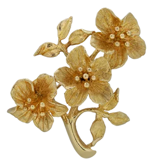 Vintage Ornate Triple Floral Design Yellow Gold Brooch Measuring Two Inches