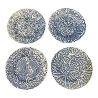 Vintage Mid-Century Modern Majolica Bordallo Pinheiro Blue Fruit Salad Plates 7.75” - Set of 4 For Sale