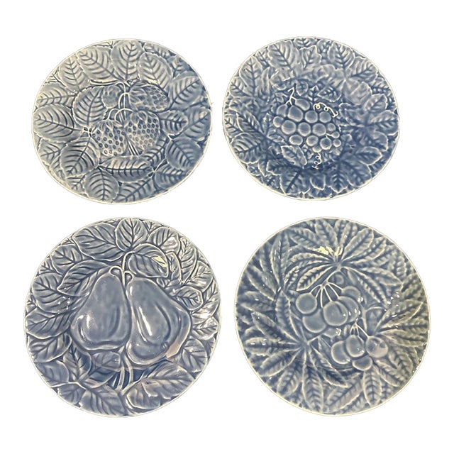 Vintage Mid-Century Modern Majolica Bordallo Pinheiro Blue Fruit Salad Plates 7.75” - Set of 4 For Sale