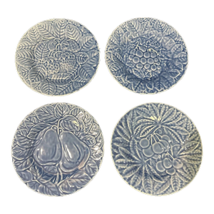 Vintage Mid-Century Modern Majolica Bordallo Pinheiro Blue Fruit Salad Plates 7.75” - Set of 4