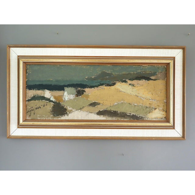 COASTAL FIELDS Size: 11.8 x 22.4 inches (including frame) Oil on canvas A soothing mid-century modernist landscape that...