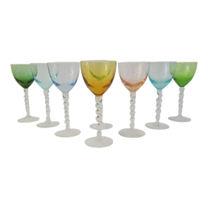 Vintage Multicolor Twisted Stem Apertif Glasses, Set of 8