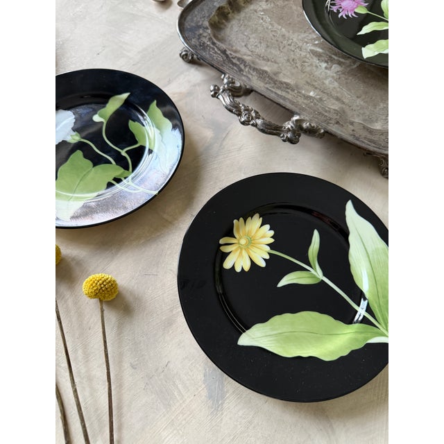 1978 Fitz and Floyd Fleur De Minuit Salad Plates 7.5 Inch Black Floral Vintage - Set of 4 For Sale In Chicago - Image 6 of 12