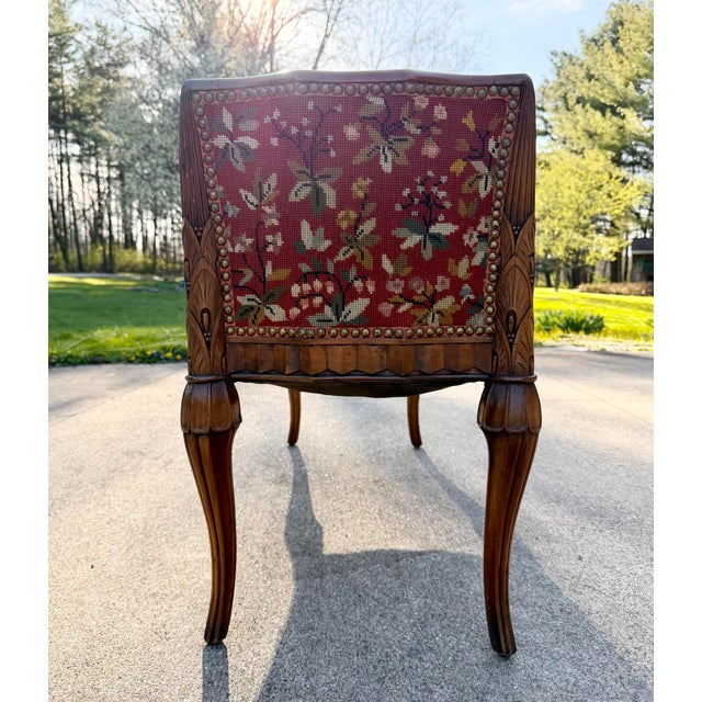 Antique Karpen French Style Needlepoint Bench, Carved Wood, Floral Tapestry For Sale In Cleveland - Image 6 of 12