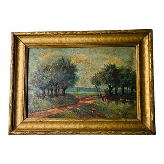 Early 20th Century Post-Impressionist Landscape Oil on Board — Figures on Country Path, Paris Flea Market Find, Gilt Frame For Sale