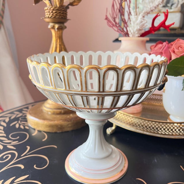Ceramic Antique Old Paris porcelain reticulated compote with gold bow and black ring detail // French porcelain // gilt accents // tazza // elegant For Sale - Image 7 of 12