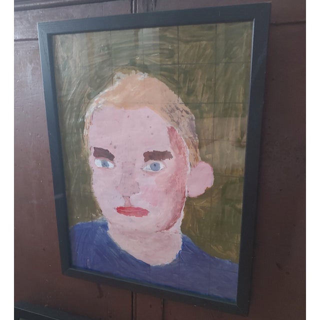 Here's an unsigned, intriguing portrait of an unknown male done in an unschooled, primitive manner. The piece is acrylic...
