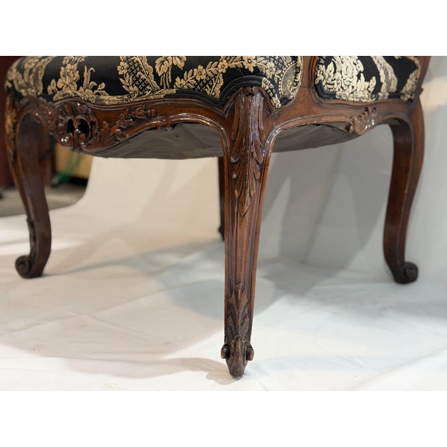 Vintage Louis XV Style Hand Carved Walnut Armchair With Black and Gold Damask Upholstery For Sale - Image 9 of 10