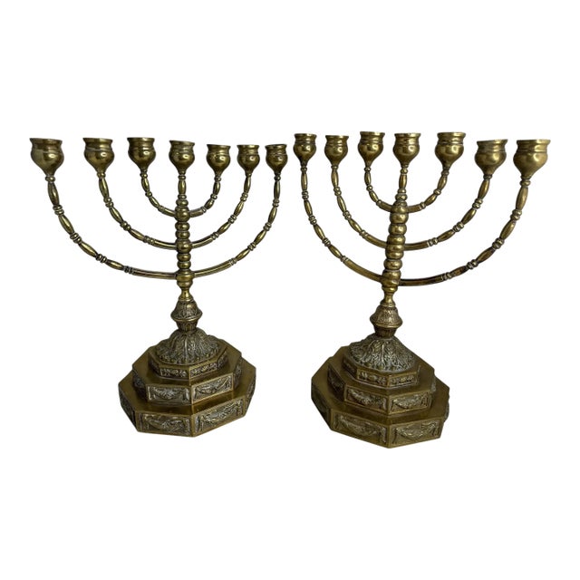 Antique Dutch Brass Menorah Candelabras - A Pair For Sale