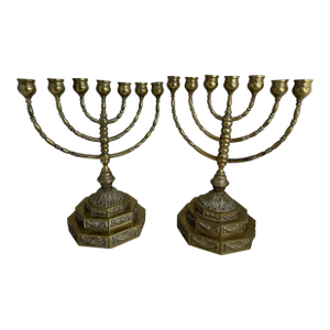 Antique Dutch Brass Menorah Candelabras - A Pair
