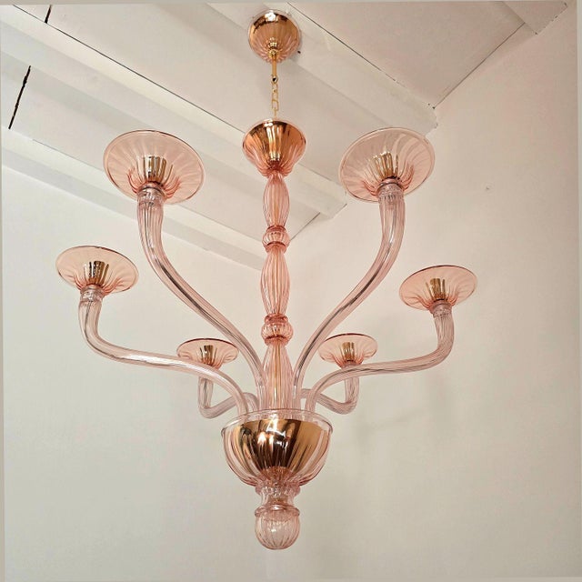 1970s Italian Pink Neoclassical Murano Glass Chandelier For Sale - Image 4 of 11