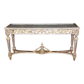 1960's Louis XVI Style Mirrored Top Console DIstressed Silver and Gold Accents For Sale