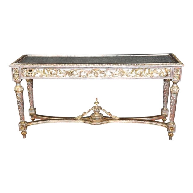 1960's Louis XVI Style Mirrored Top Console DIstressed Silver and Gold Accents For Sale