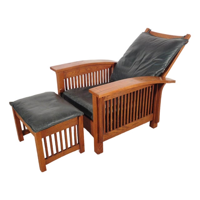 Kimball Antique Style Mission Prairie Arts & Crafts Oak Morris Chair & Ottoman For Sale