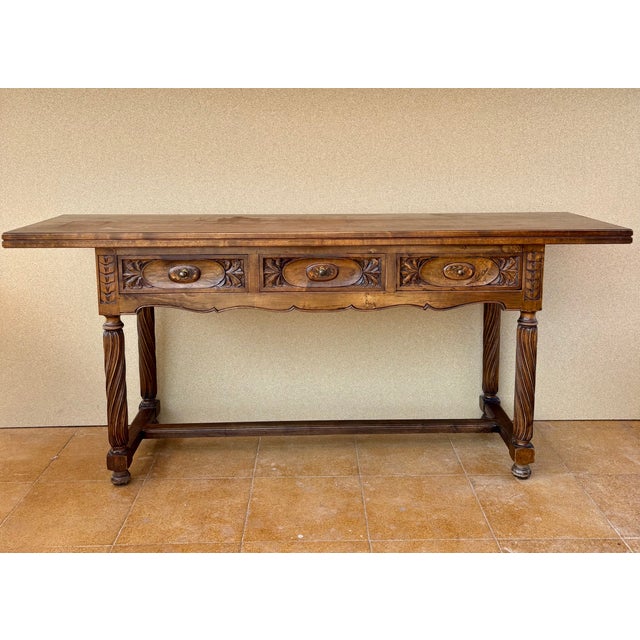 Spanish Walnut Drop-Leaf Table with Three Drawers, 1930s For Sale - Image 4 of 15