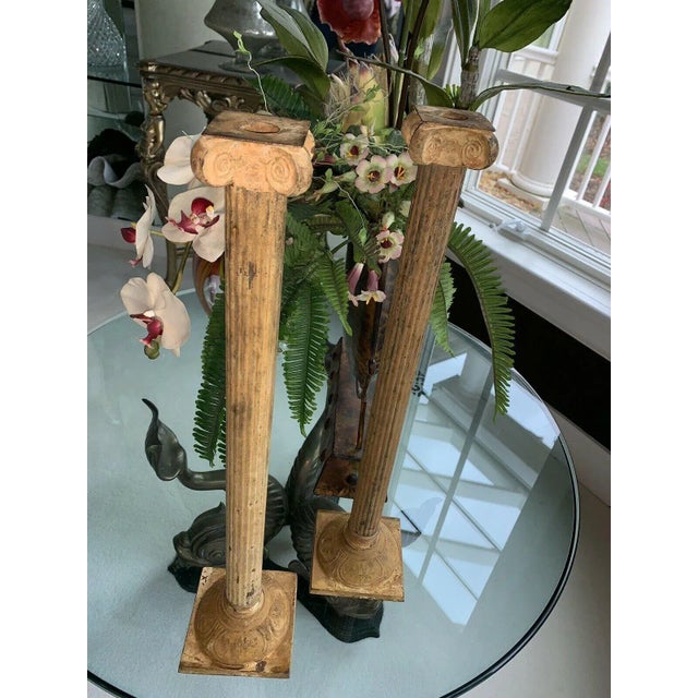 Metal Vintage Roman Candlesticks Columns- a Pair For Sale - Image 7 of 7