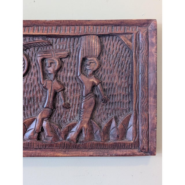 Brown Vintage West African Hand-Carved Bas-Relief Wood Plaque For Sale - Image 8 of 10