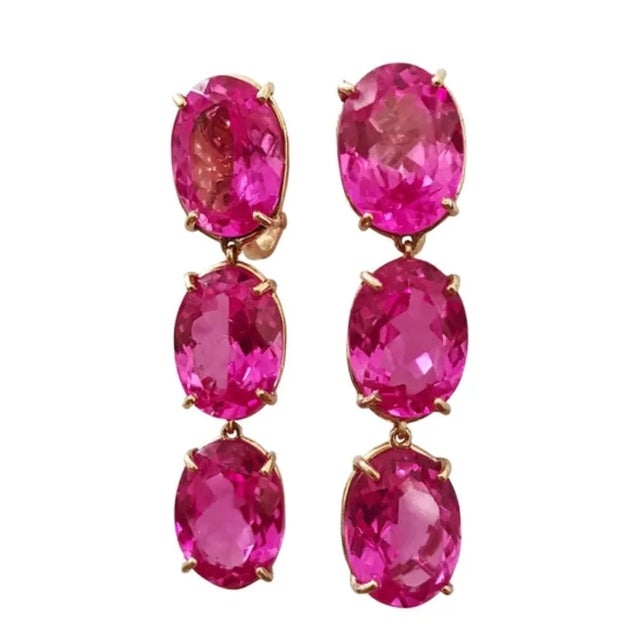 Contemporary Christina Addison Elegant Three-Stone Drop Earring With Pink Topaz and Pearl - a Pair For Sale - Image 3 of 12