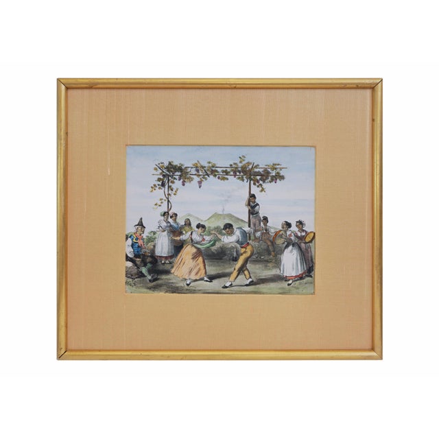 Antique Italian Lithograph Hand-Colored Set of 4 Traditional Dances & Games Silk Mats Gilt Frames For Sale - Image 13 of 16