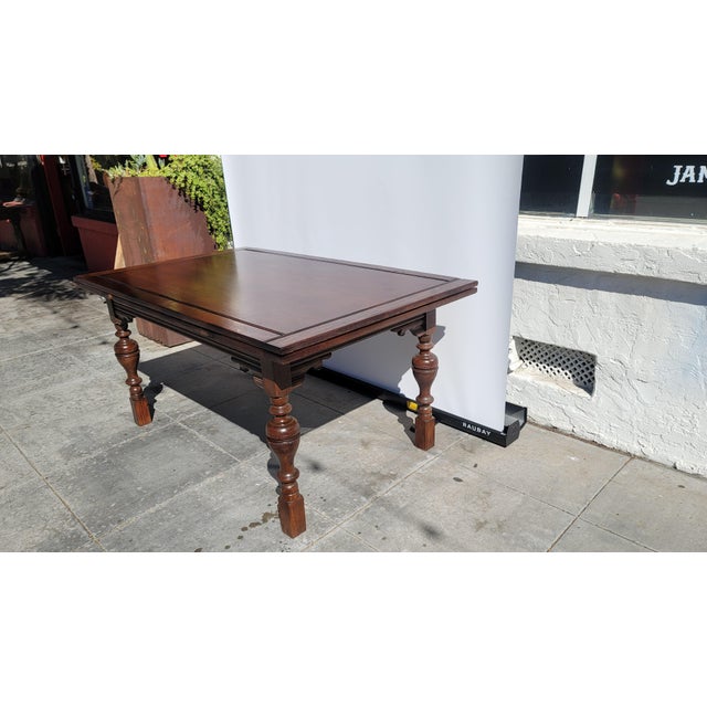Brown Antique 1930s Rustic Spanish Jacobean Dining Table Draw Leaf 8 Feet Open For Sale - Image 8 of 9