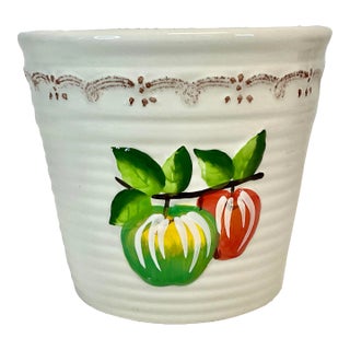 Vintage Arts & Crafts Boho Chic Hand Painted Ceramic Planter With Apple Motif For Sale