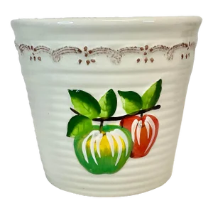 Vintage Arts & Crafts Boho Chic Hand Painted Ceramic Planter With Apple Motif.