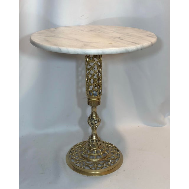 Mid-Century Modern Mid-20th Century French Style Reticulated Brass & Carrara Marble Drinks Table For Sale - Image 3 of 10
