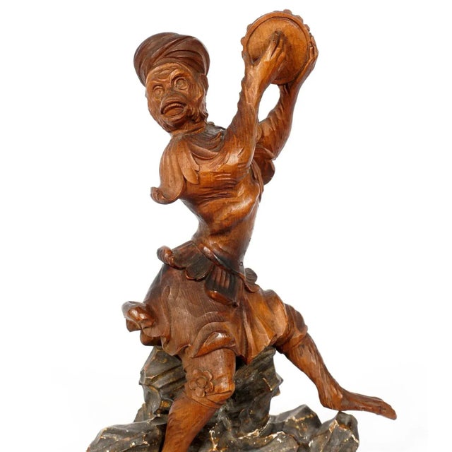 Figurative Pair of Continental Carved Wood Monkeys With Tambourine For Sale - Image 3 of 10