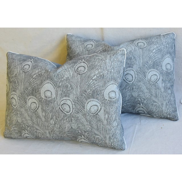 Linen Designer Peacock Feather Linen Feather/Down Pillows 22" X 16" - Pair For Sale - Image 8 of 13