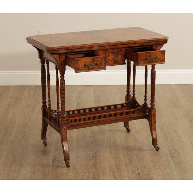 Victorian Antique English Burl Walnut Inlaid Games Table For Sale - Image 3 of 12