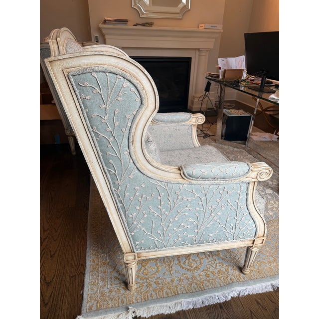 John-Richard John Richard Collection "Rayna" Wingback Chair in Dusty Blue Botanical Jacquard (Set of 2) For Sale - Image 4 of 9
