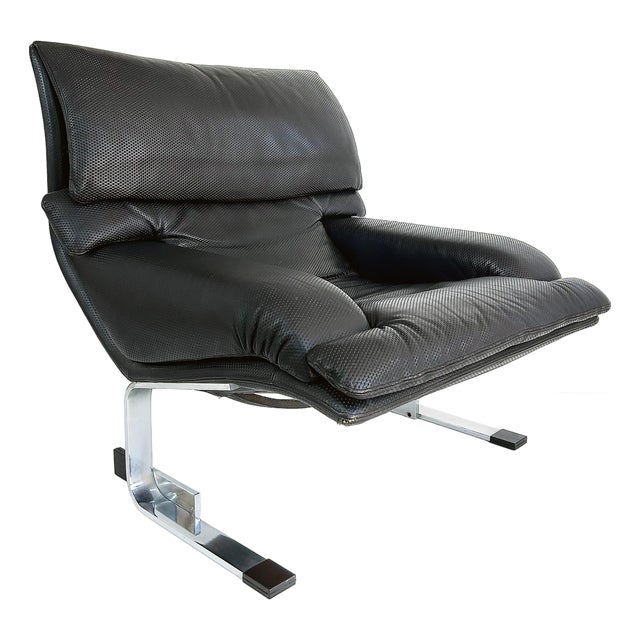 1980s Giovanni Offredi Saporiti Italia Onda Wave Chair, Black Leather, Chrome For Sale